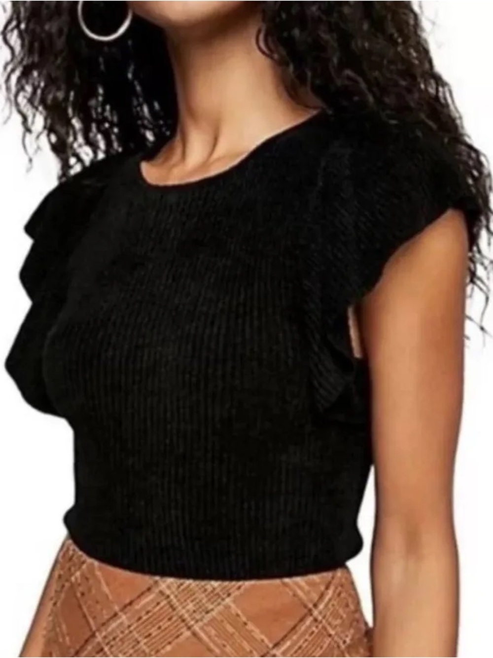 Free People FP ONE Nikita Black Ribbed Knit Ruffle Flutter Sleeve Top XS